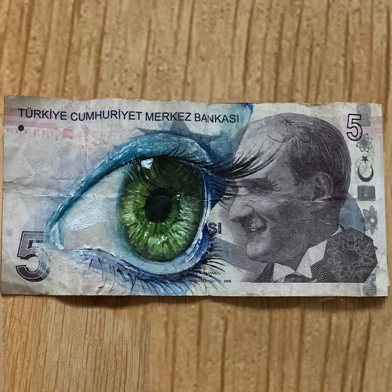 street art on banknote Turkey 5 lira