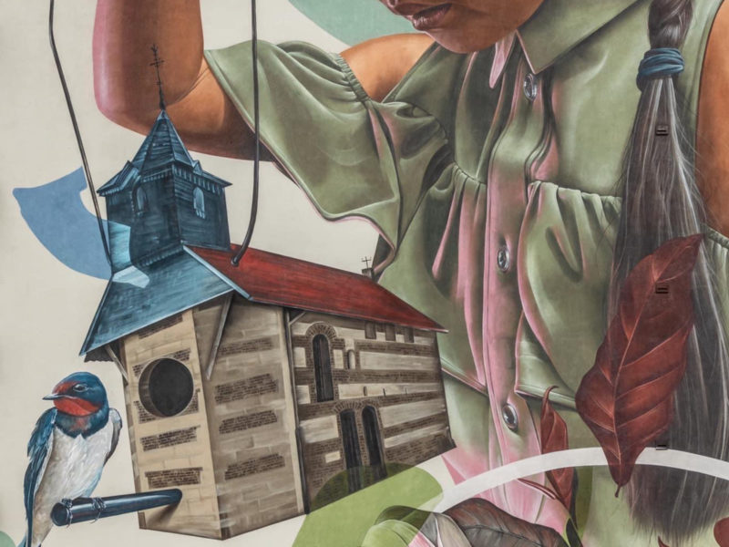 gomad mural muurschildering flat building geleen smug Detail van muurschildering in Geleen – kleurrijke patronen en vogelmotieven op grote hoogte
