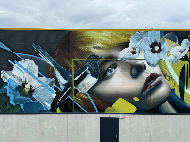 gomad delmenhorst bremen mural germany Portret met bloemen van grootschalige mural op bedrijventerrein XXL loods