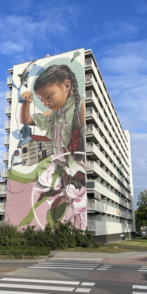 Graffiti op hoge flat in Geleen – monumentale mural door graffiti artiest voor grote projecten Marcus Gomad Debie